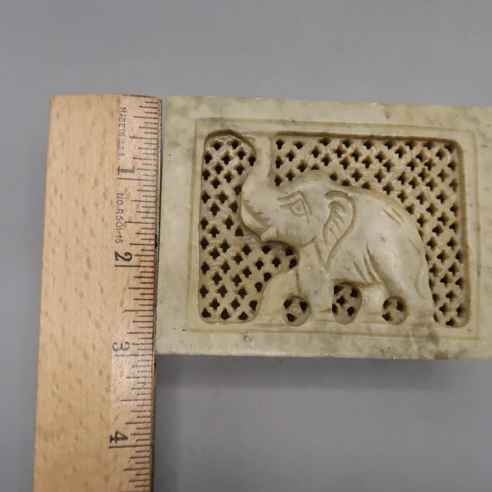 Vintage Hand Carved Elephant Soap Stone Marble Trinket Jewelry Box Hinged Lid